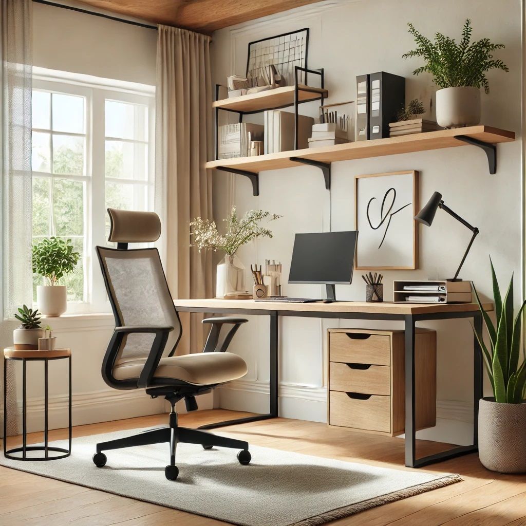 Organised home office desk with monitor, keyboard, and adjustable chair in natural light