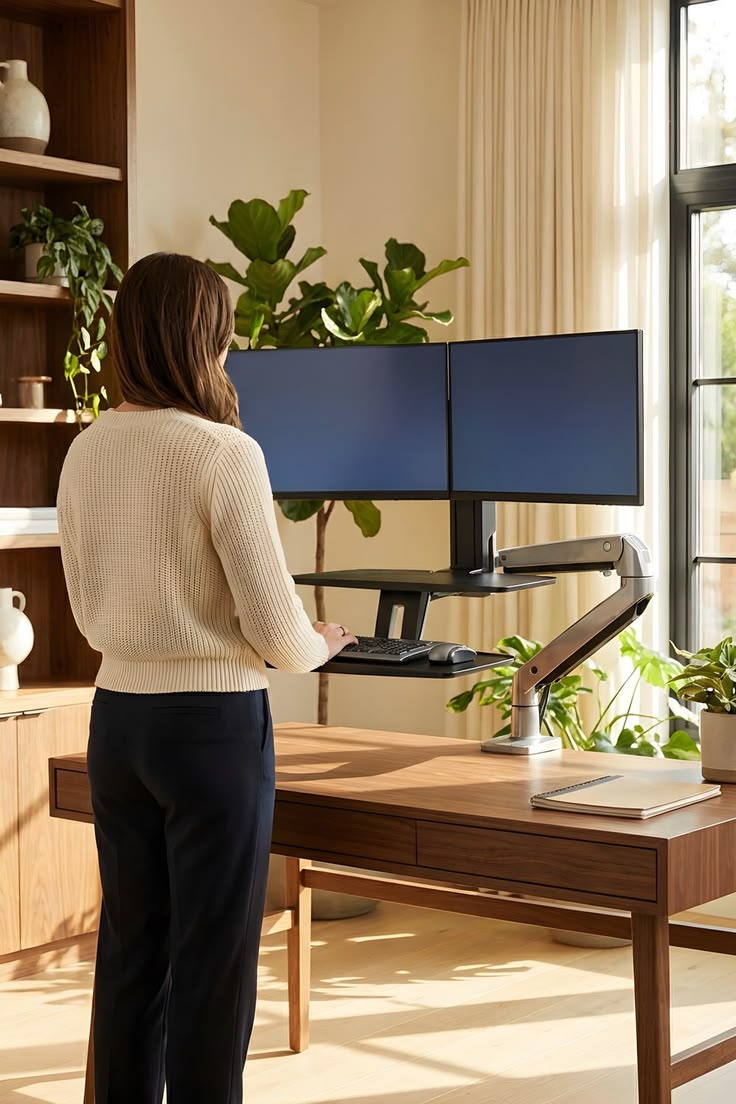Top-down view of an ergonomic desk layout with keyboard tray and dual monitors